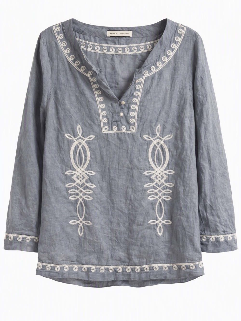 Banana Republic Blue Embroidered V-Neck Linen Top